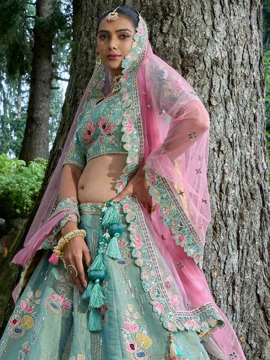 Sea Green Fancy Silk Embroidered Bridal Reception Heavy Border Lehenga Choli