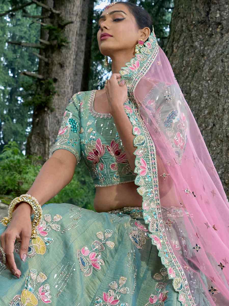 Sea Green Fancy Silk Embroidered Bridal Reception Heavy Border Lehenga Choli