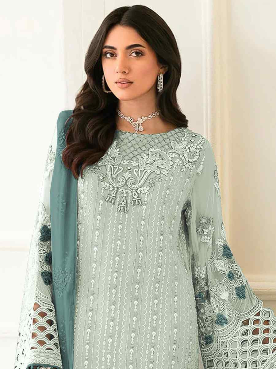 Sea Green Faux Georgette Embroidered Festival Casual Pant Salwar Kameez