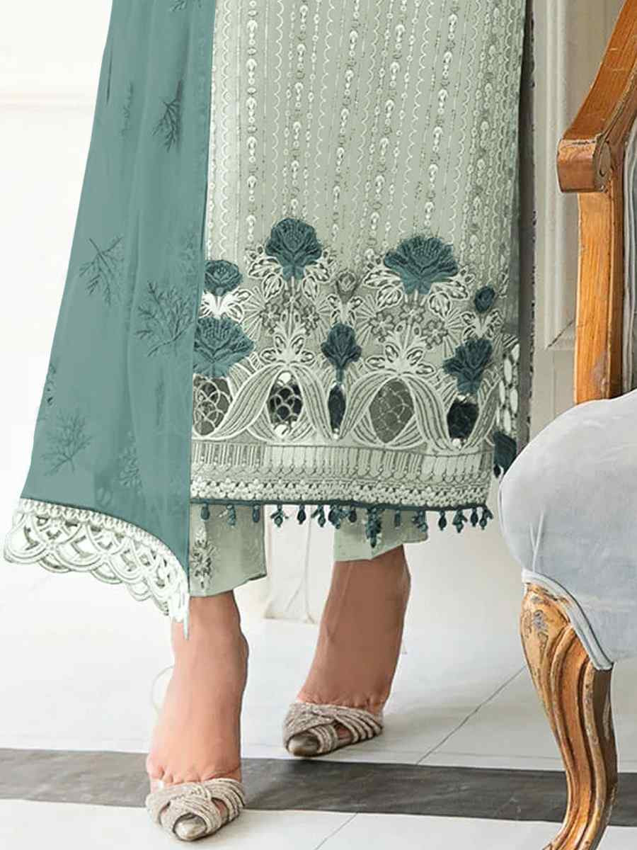 Sea Green Faux Georgette Embroidered Festival Casual Pant Salwar Kameez