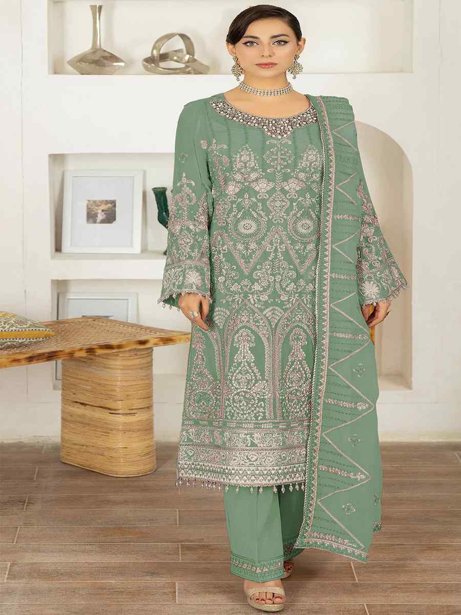 Sea Green Faux Georgette Embroidered Festival Mehendi Pant Salwar Kameez