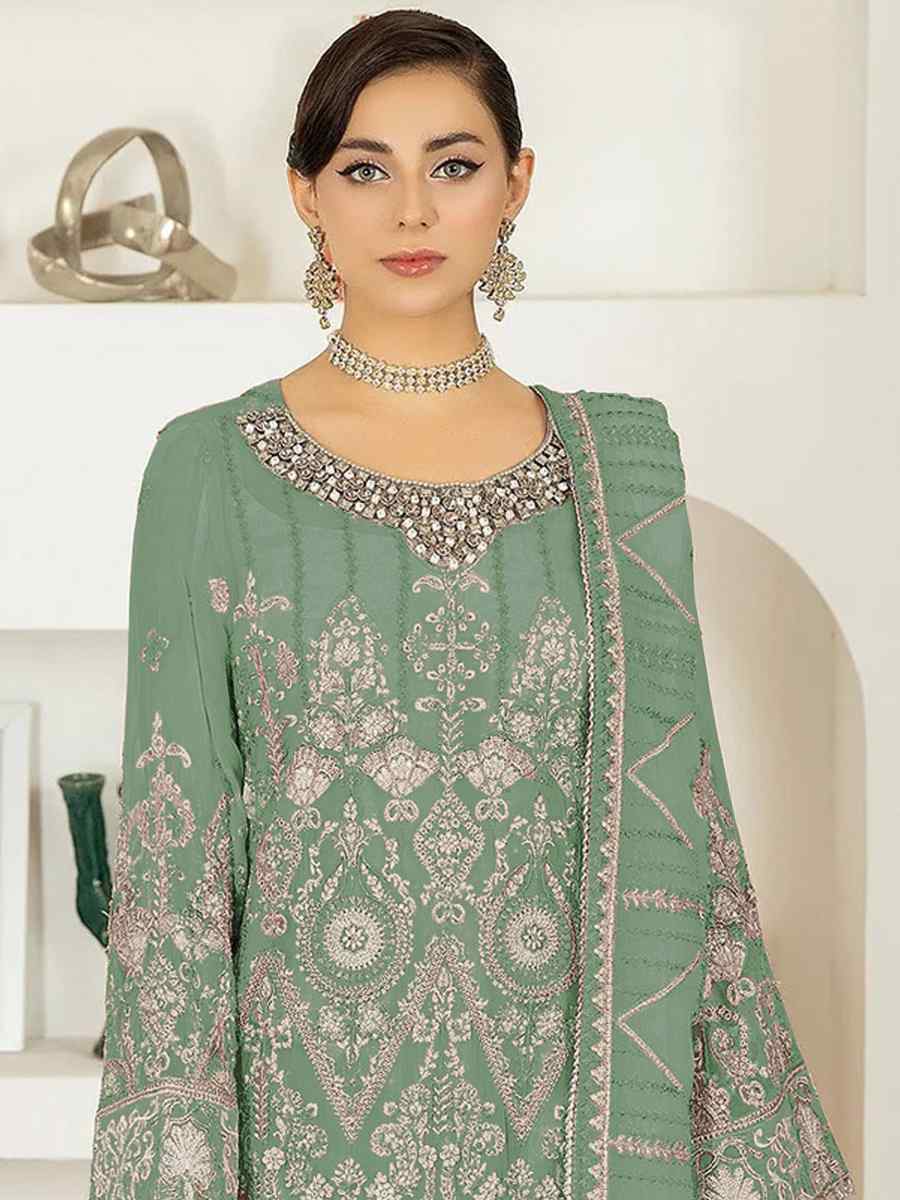 Sea Green Faux Georgette Embroidered Festival Mehendi Pant Salwar Kameez