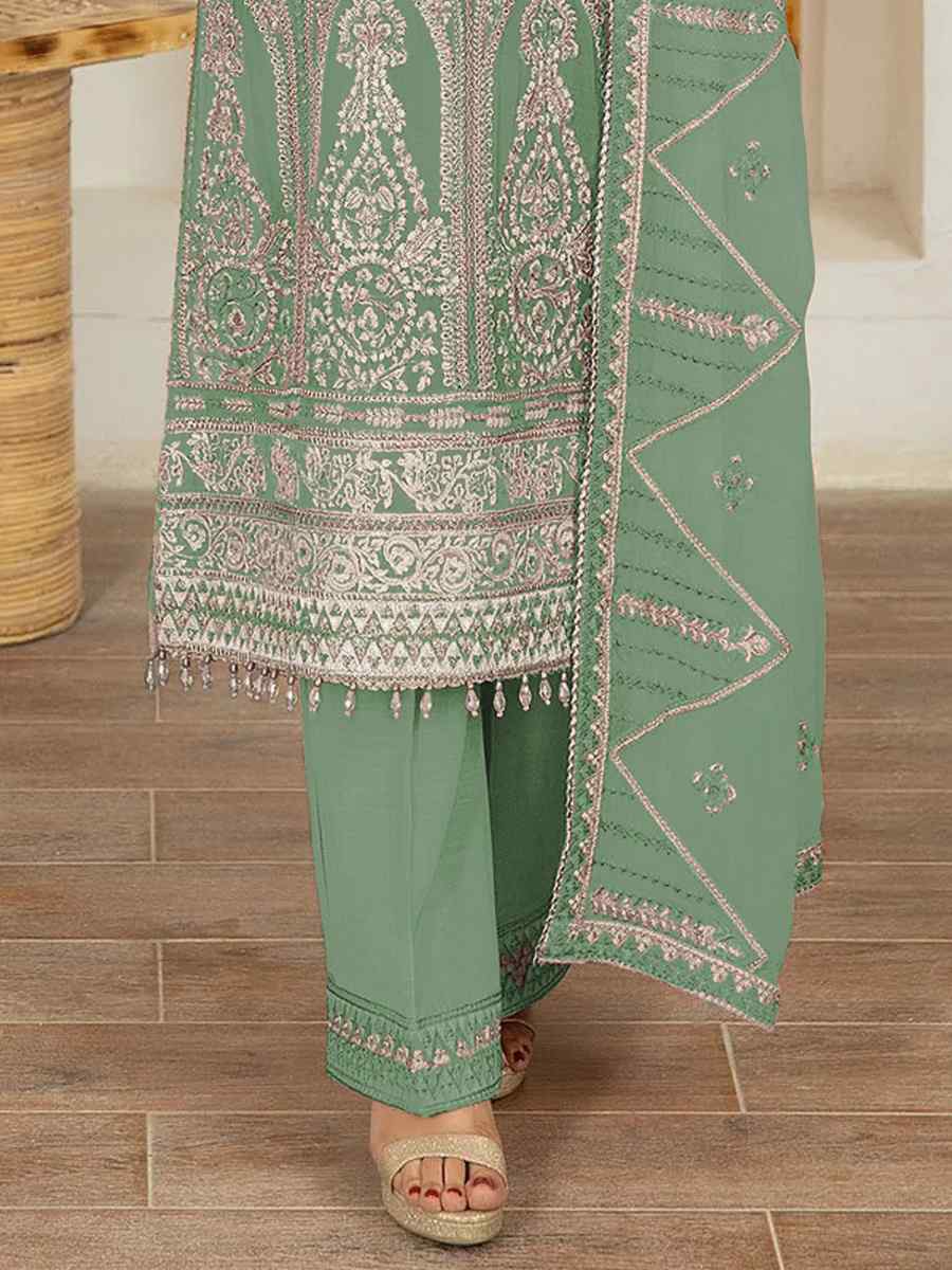 Sea Green Faux Georgette Embroidered Festival Mehendi Pant Salwar Kameez