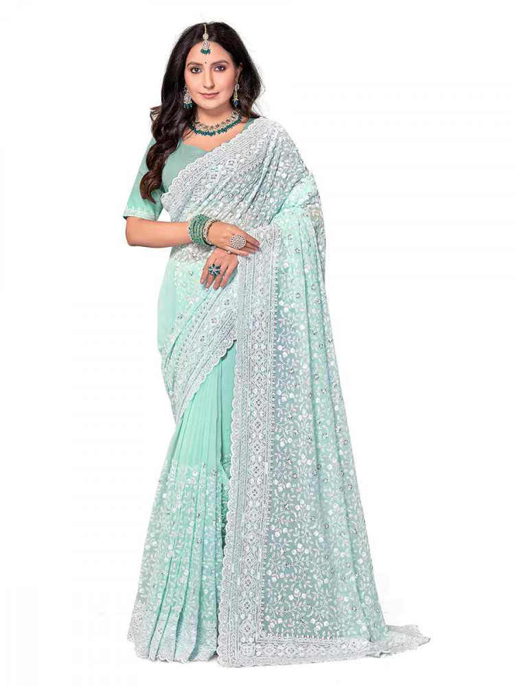 Sea Green Georgette Embroidered Bridesmaid Wedding Heavy Border Saree