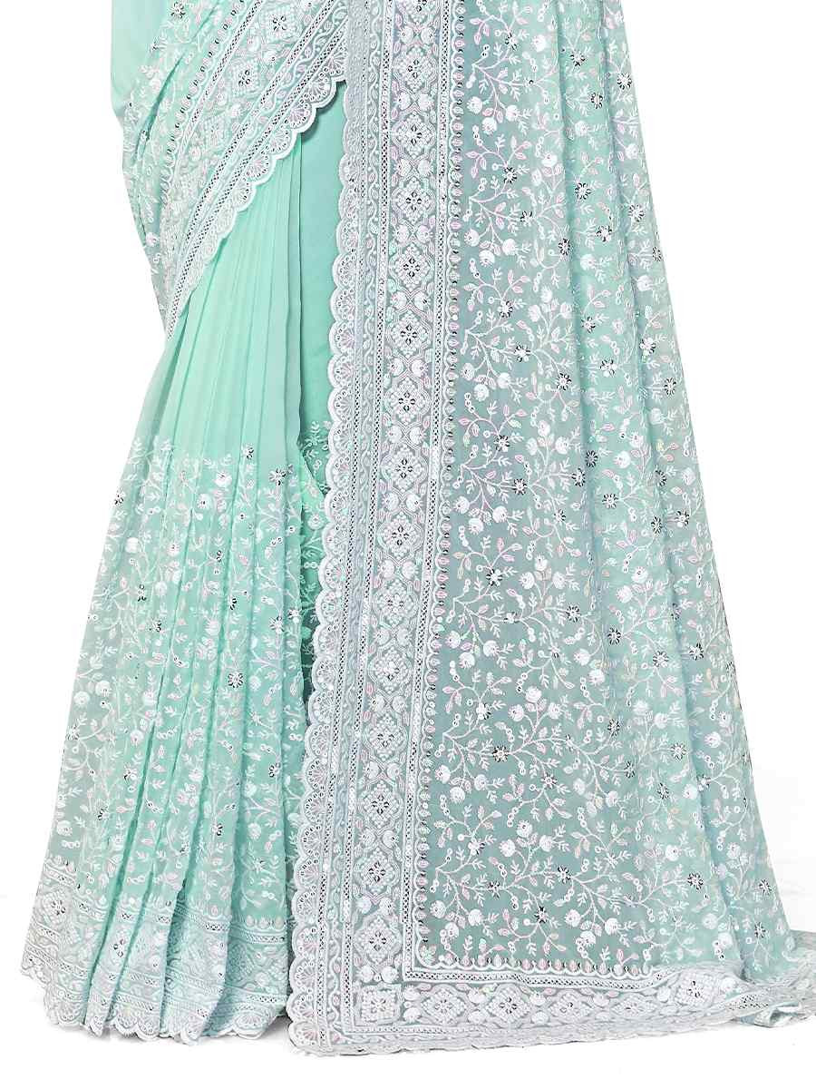 Sea Green Georgette Embroidered Bridesmaid Wedding Heavy Border Saree