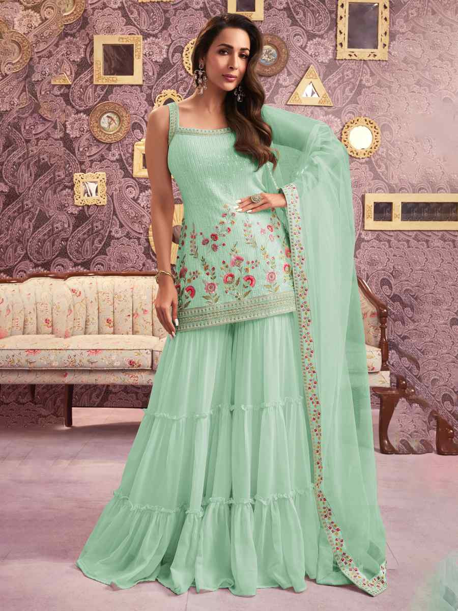 Sea Green Georgette Embroidered Festival Wedding Ready Sharara Pant Salwar Kameez