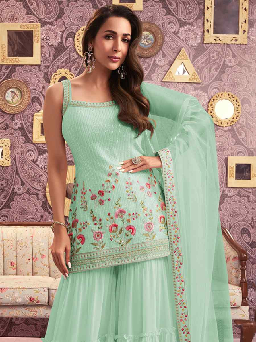 Sea Green Georgette Embroidered Festival Wedding Ready Sharara Pant Salwar Kameez