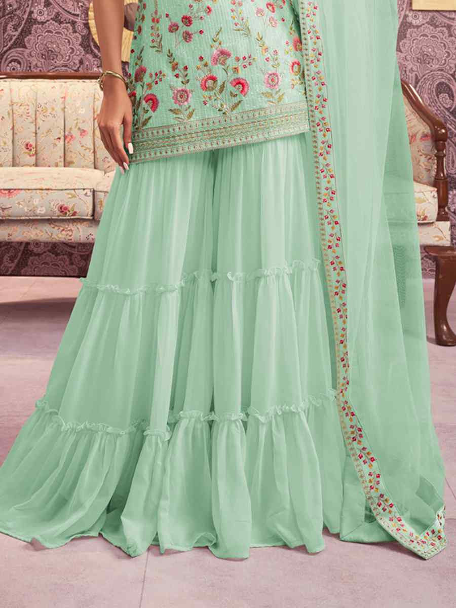 Sea Green Georgette Embroidered Festival Wedding Ready Sharara Pant Salwar Kameez