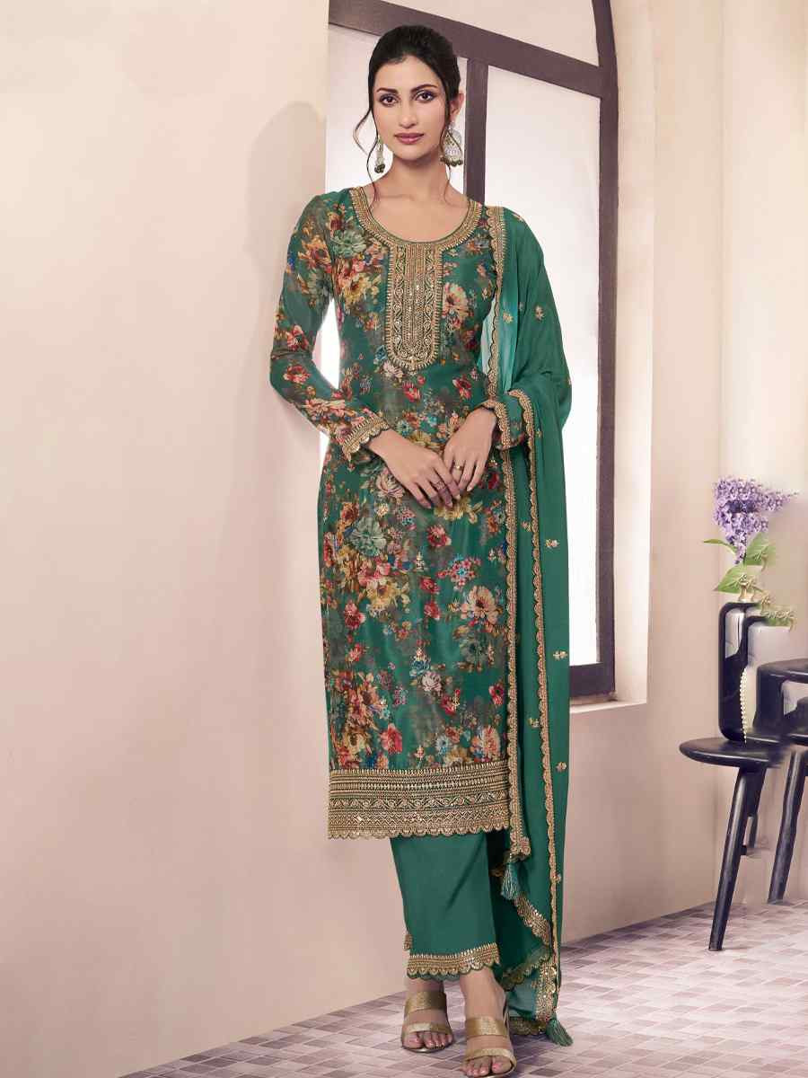 Sea Green Heavy Chinon Embroidered Festival Casual Ready Pant Salwar Kameez