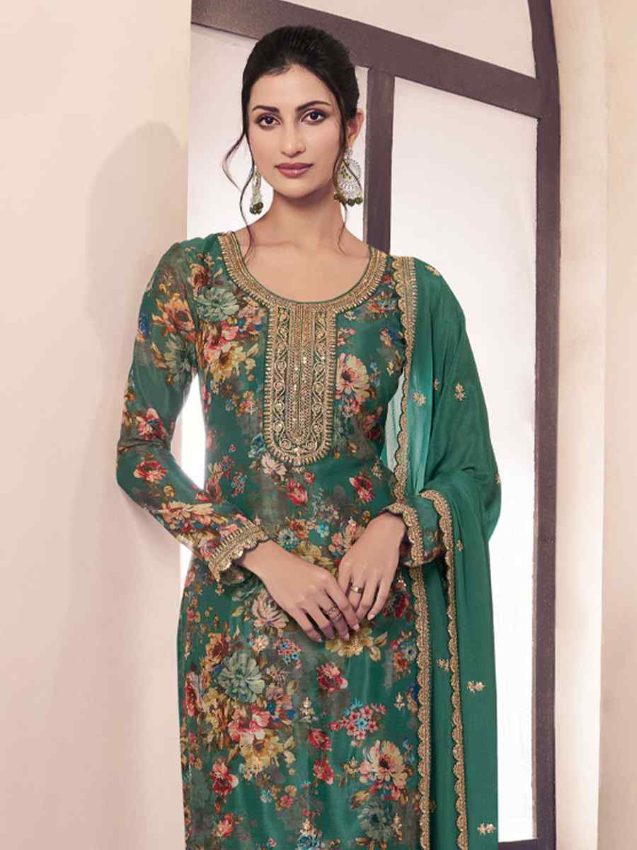 Sea Green Heavy Chinon Embroidered Festival Casual Ready Pant Salwar Kameez