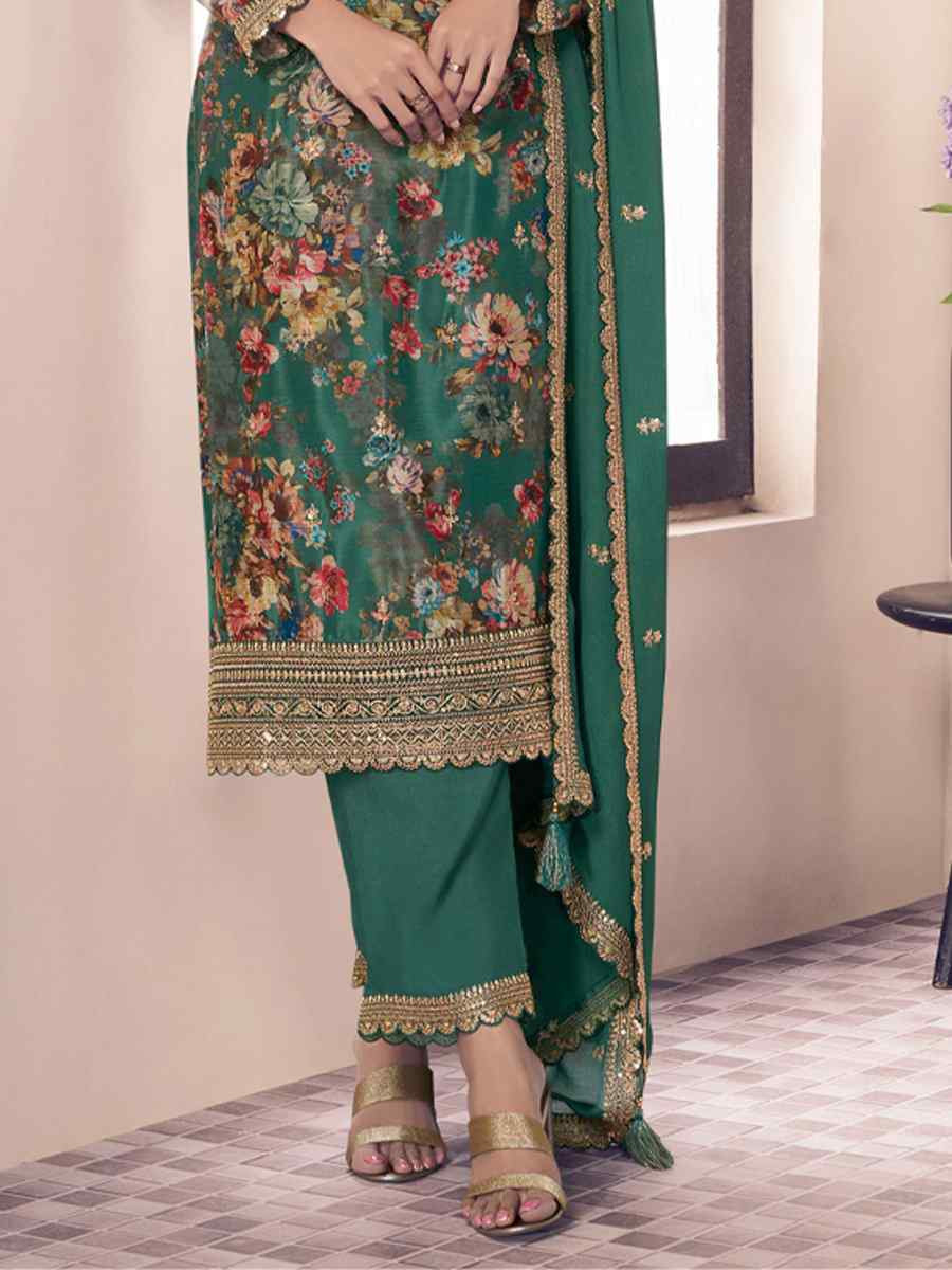 Sea Green Heavy Chinon Embroidered Festival Casual Ready Pant Salwar Kameez