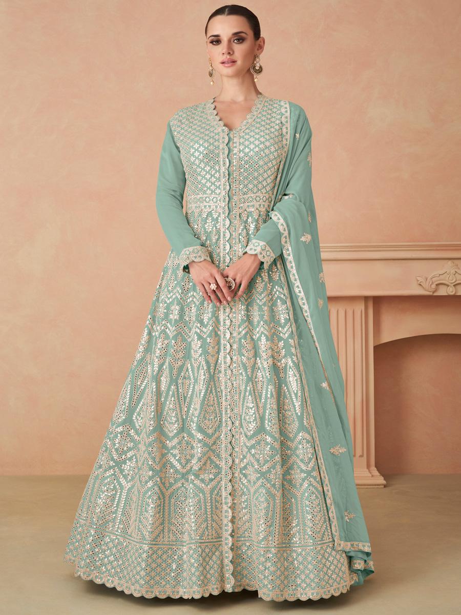 Sea Green Heavy Faux Georgette Embroidered Festival Wedding Anarkali Salwar Kameez