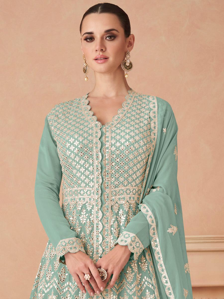 Sea Green Heavy Faux Georgette Embroidered Festival Wedding Anarkali Salwar Kameez