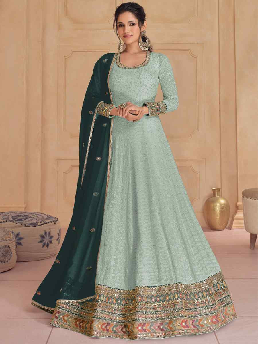 Sea Green Heavy Faux Georgette Embroidered Festival Wedding Anarkali Salwar Kameez