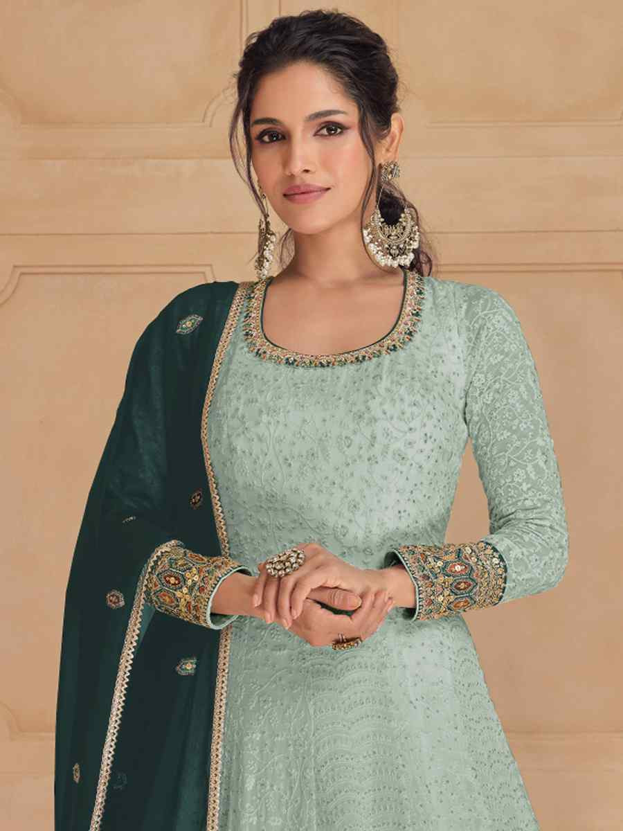 Sea Green Heavy Faux Georgette Embroidered Festival Wedding Anarkali Salwar Kameez