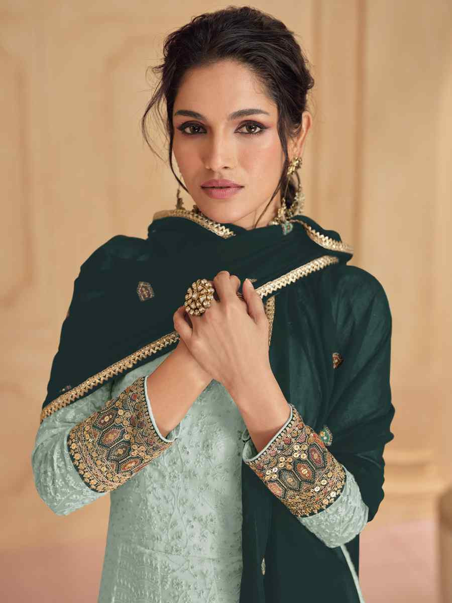 Sea Green Heavy Faux Georgette Embroidered Festival Wedding Anarkali Salwar Kameez