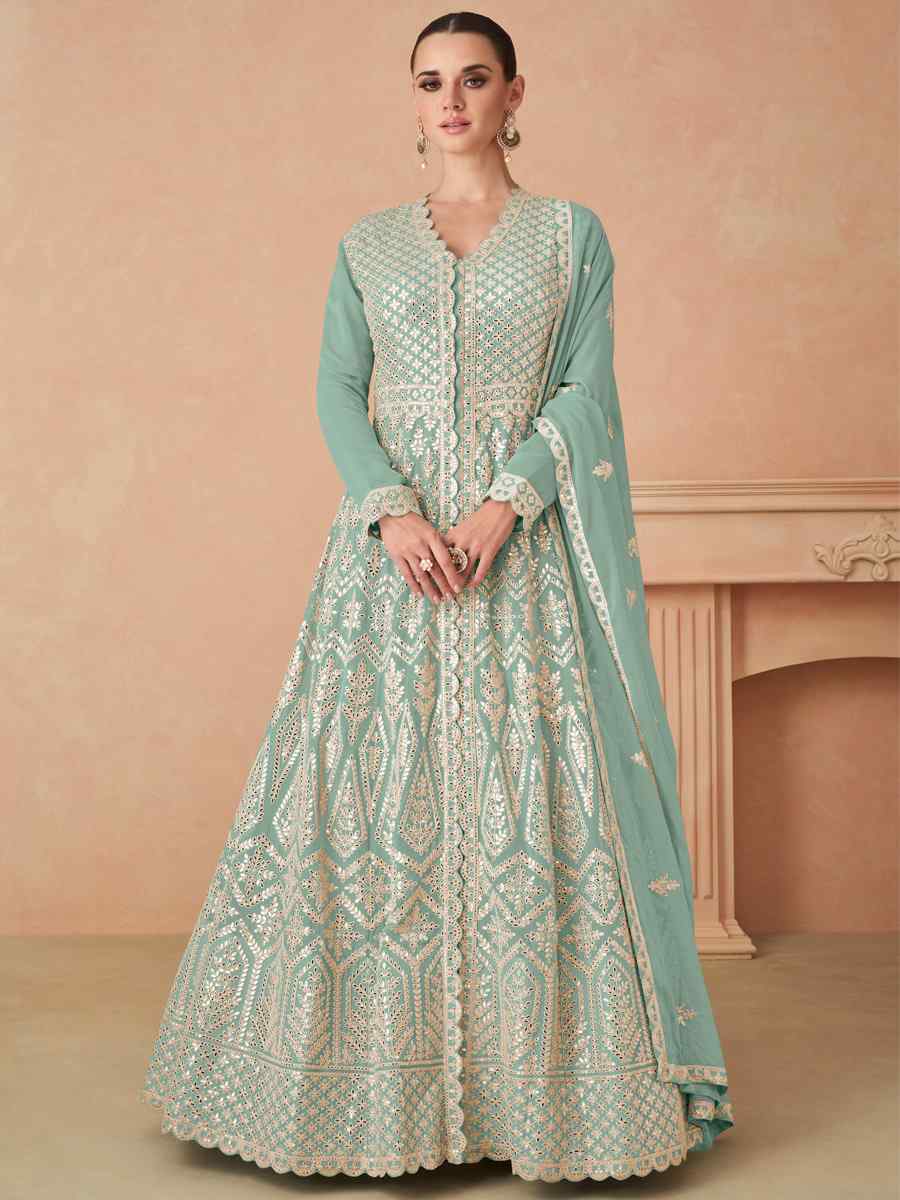 Sea Green Heavy Faux Georgette Embroidered Festival Wedding Pant Salwar Kameez