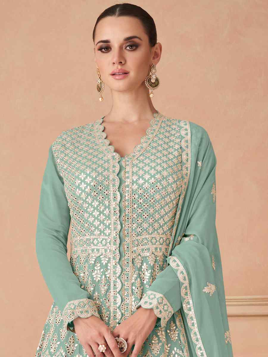 Sea Green Heavy Faux Georgette Embroidered Festival Wedding Pant Salwar Kameez