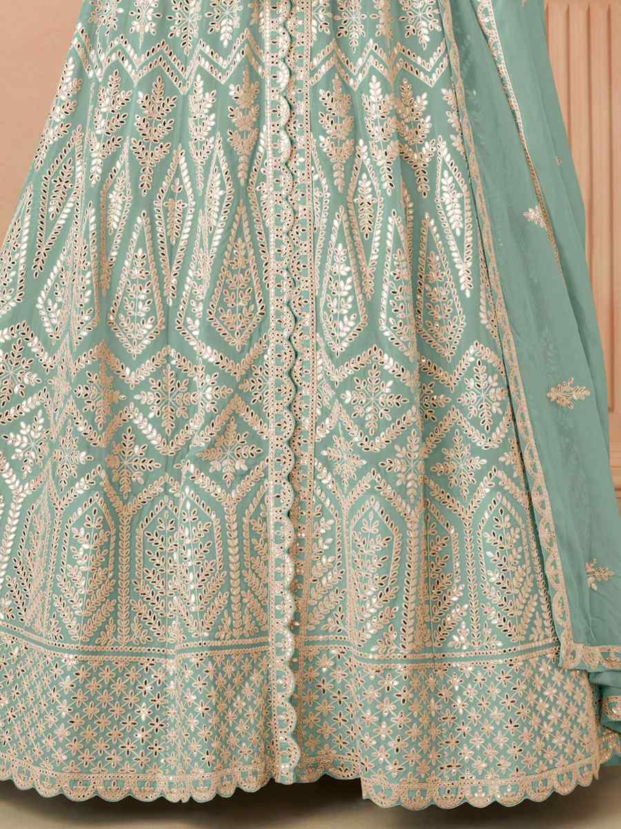 Sea Green Heavy Faux Georgette Embroidered Festival Wedding Pant Salwar Kameez