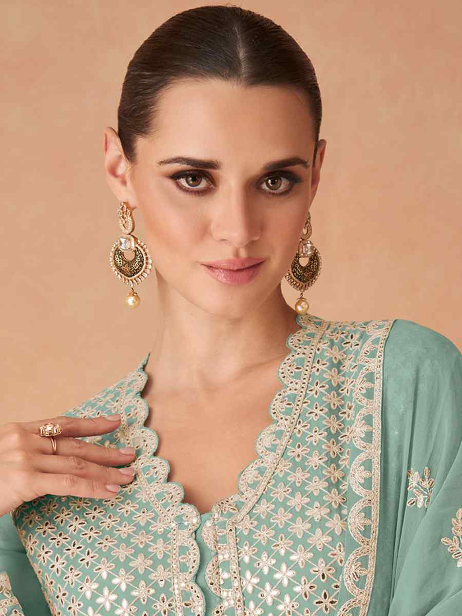 Sea Green Heavy Faux Georgette Embroidered Festival Wedding Pant Salwar Kameez