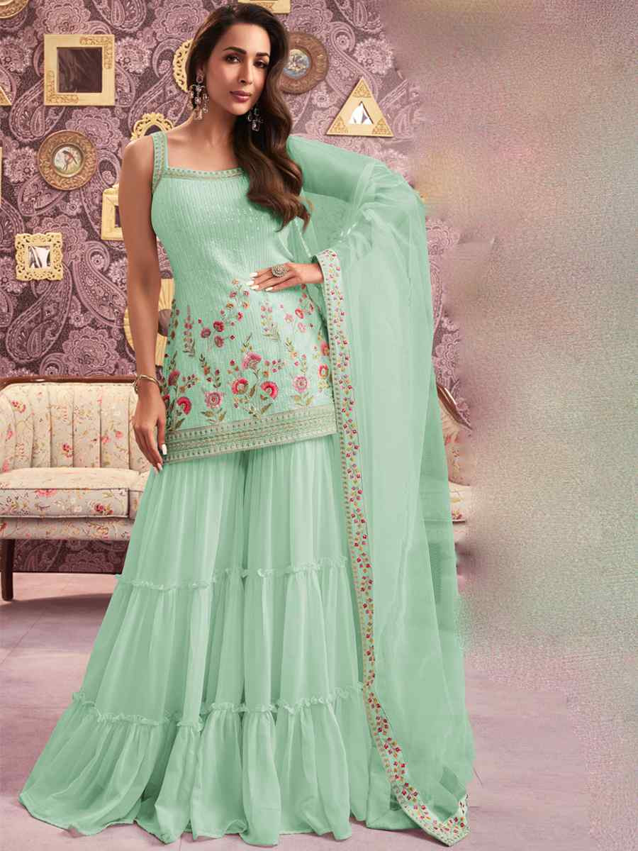 Sea Green Heavy Faux Georgette Embroidered Festival Wedding Sharara Pant Salwar Kameez