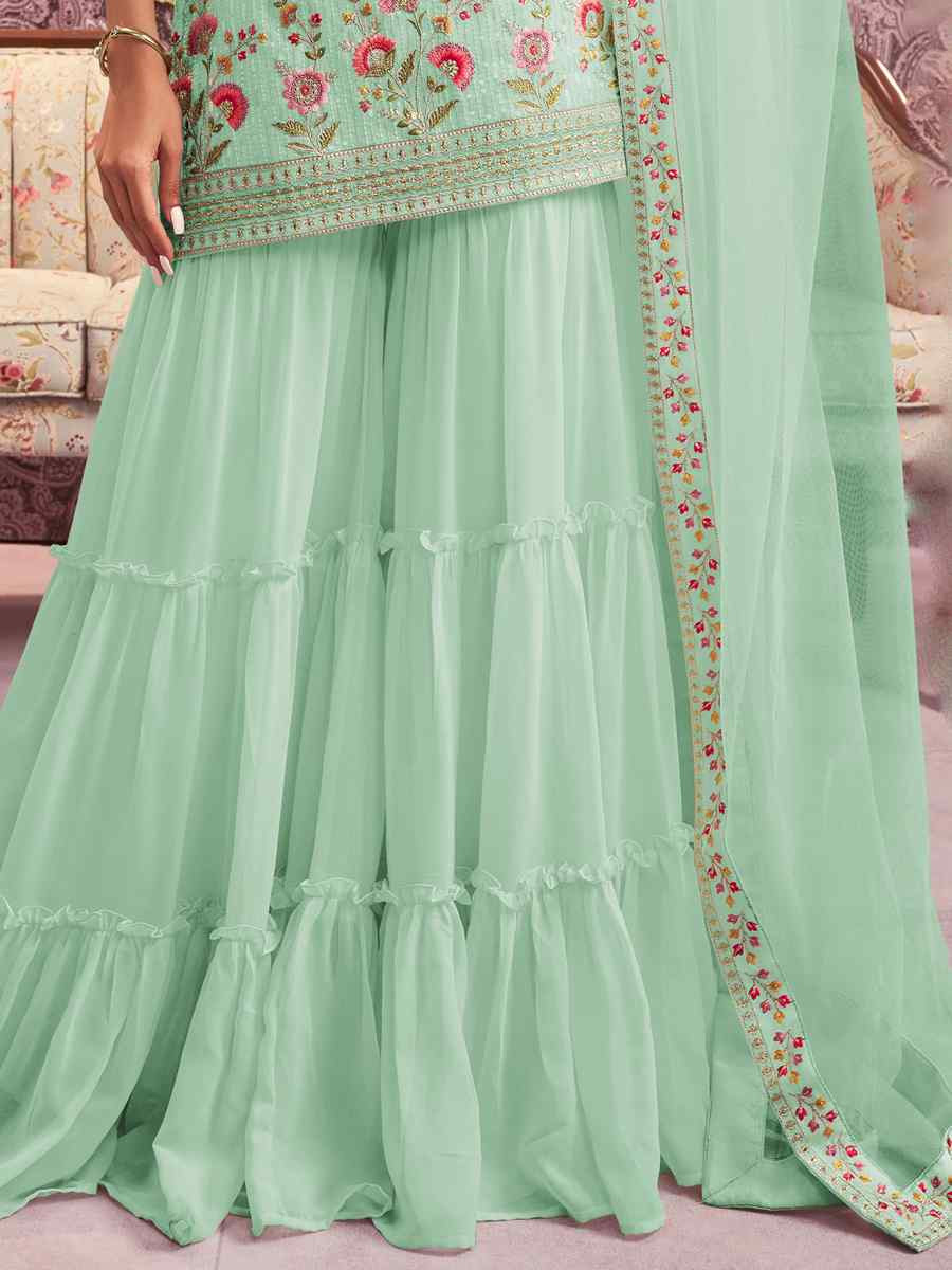 Sea Green Heavy Faux Georgette Embroidered Festival Wedding Sharara Pant Salwar Kameez