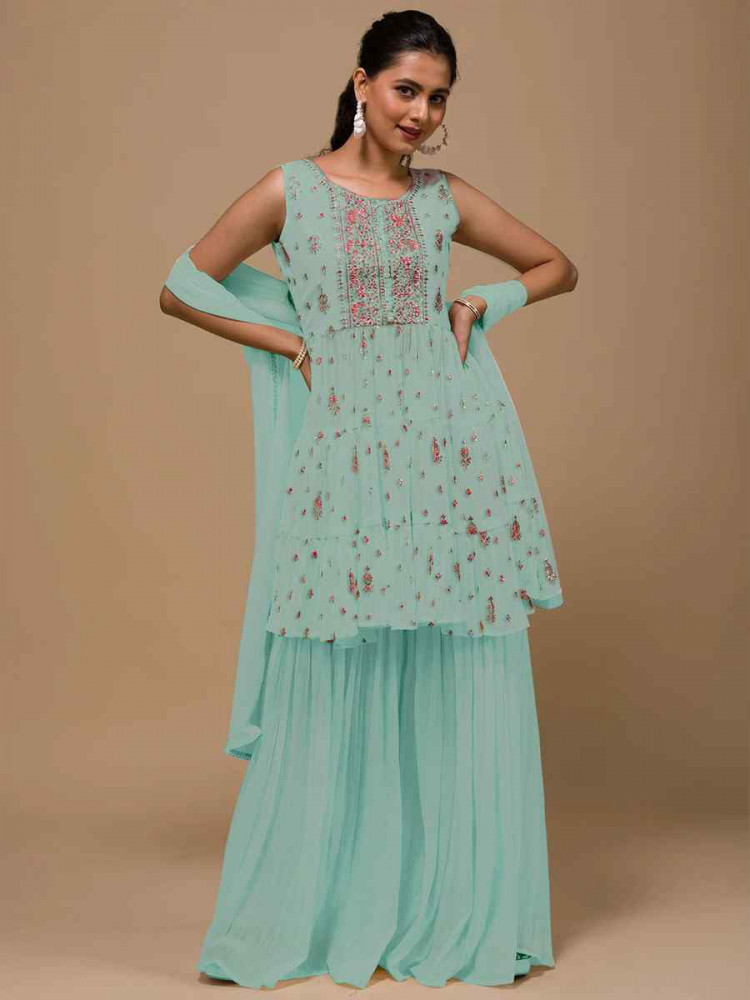 Sea Green Heavy Georgette Embroidered Festival Wedding Ready Sharara Pant Salwar Kameez