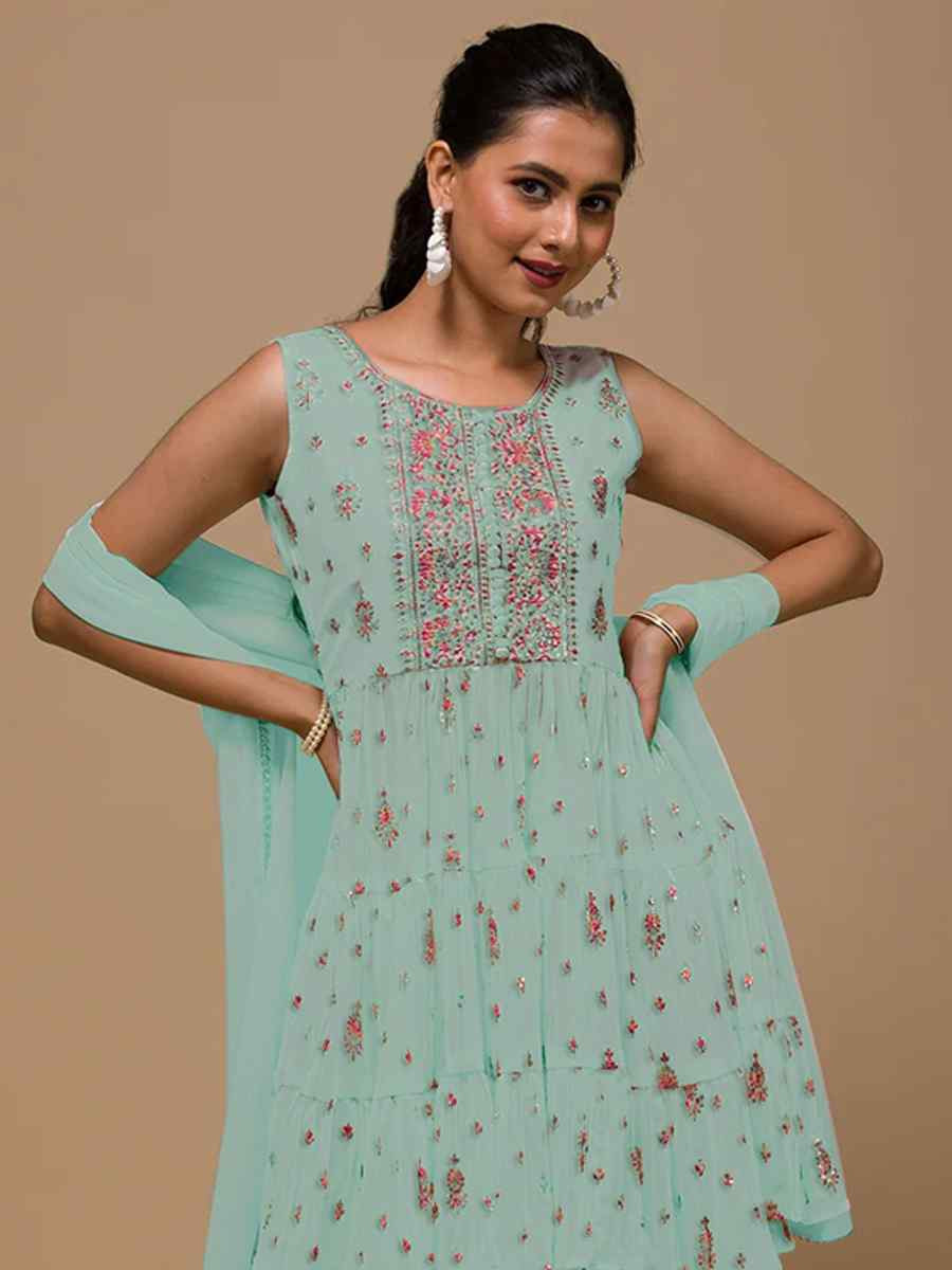 Sea Green Heavy Georgette Embroidered Festival Wedding Ready Sharara Pant Salwar Kameez