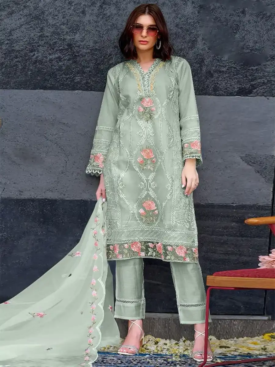 Sea Green Heavy Organza Embroidered Festival Casual Pant Salwar Kameez