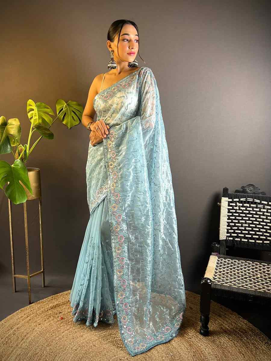 Sea Green Heavy Teal Net Embroidered Festival Wedding Heavy Border Saree