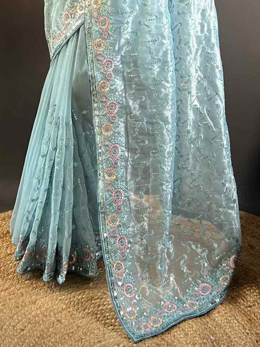 Sea Green Heavy Teal Net Embroidered Festival Wedding Heavy Border Saree