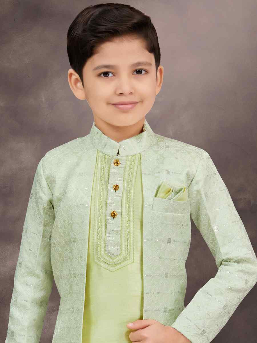 Sea Green Jacquard Banarasi Silk Embroidered Festival Wedding Kurta Pyjama Boys Wear