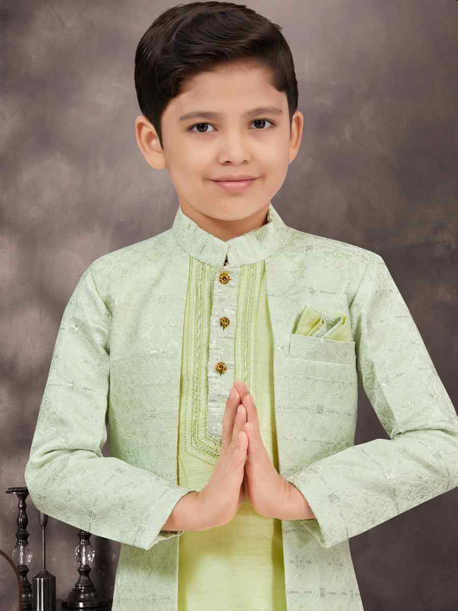 Sea Green Jacquard Banarasi Silk Embroidered Festival Wedding Kurta Pyjama Boys Wear