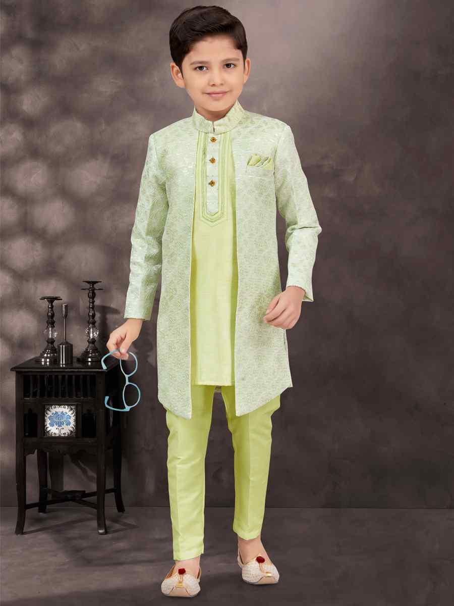 Sea Green Jacquard Banarasi Silk Embroidered Festival Wedding Kurta Pyjama Boys Wear