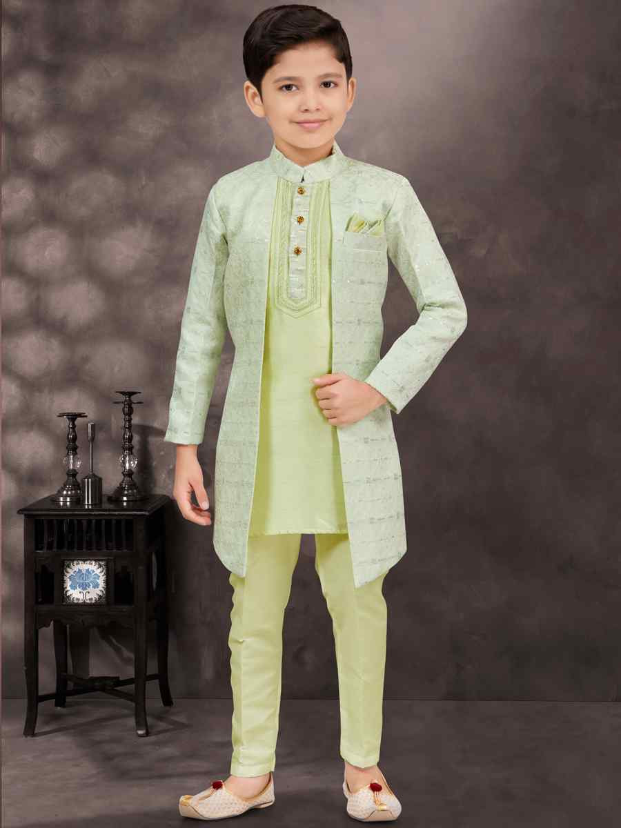 Sea Green Jacquard Banarasi Silk Embroidered Festival Wedding Kurta Pyjama Boys Wear