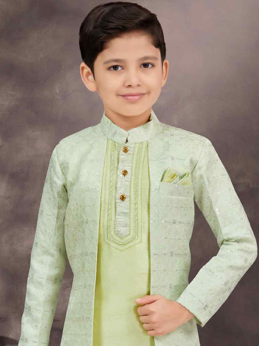 Sea Green Jacquard Banarasi Silk Embroidered Festival Wedding Kurta Pyjama Boys Wear