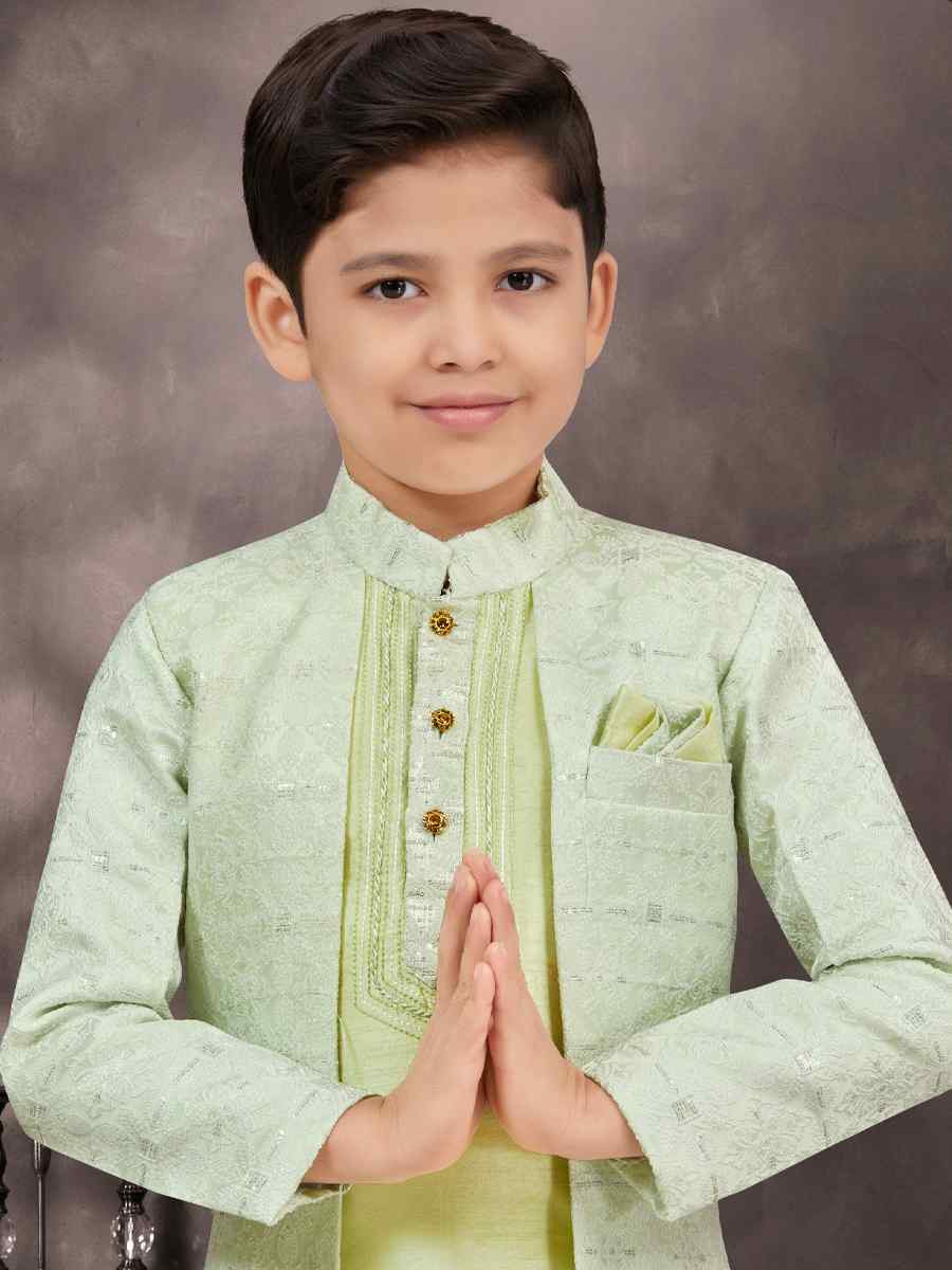 Sea Green Jacquard Banarasi Silk Embroidered Festival Wedding Kurta Pyjama Boys Wear