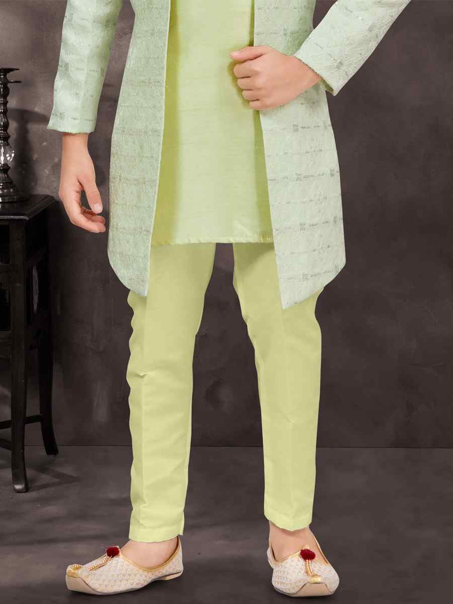 Sea Green Jacquard Banarasi Silk Embroidered Festival Wedding Kurta Pyjama Boys Wear