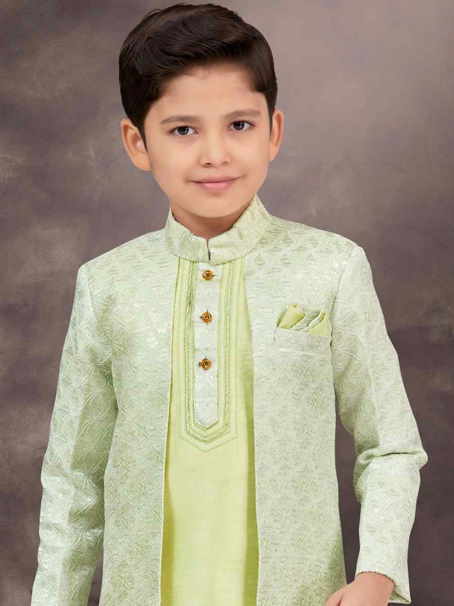 Sea Green Jacquard Banarasi Silk Embroidered Festival Wedding Kurta Pyjama Boys Wear