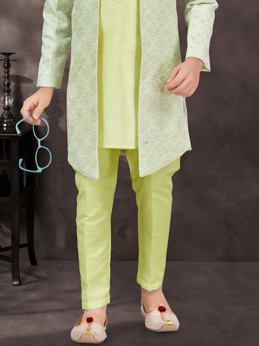 Sea Green Jacquard Banarasi Silk Embroidered Festival Wedding Kurta Pyjama Boys Wear