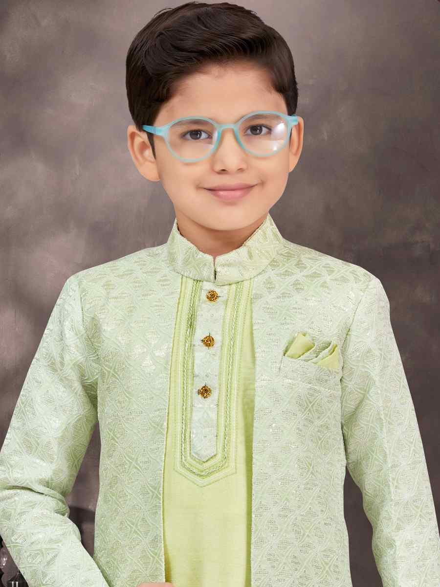 Sea Green Jacquard Banarasi Silk Embroidered Festival Wedding Kurta Pyjama Boys Wear