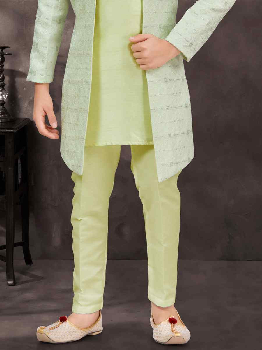 Sea Green Jacquard Banarasi Silk Embroidered Festival Wedding Kurta Pyjama Boys Wear