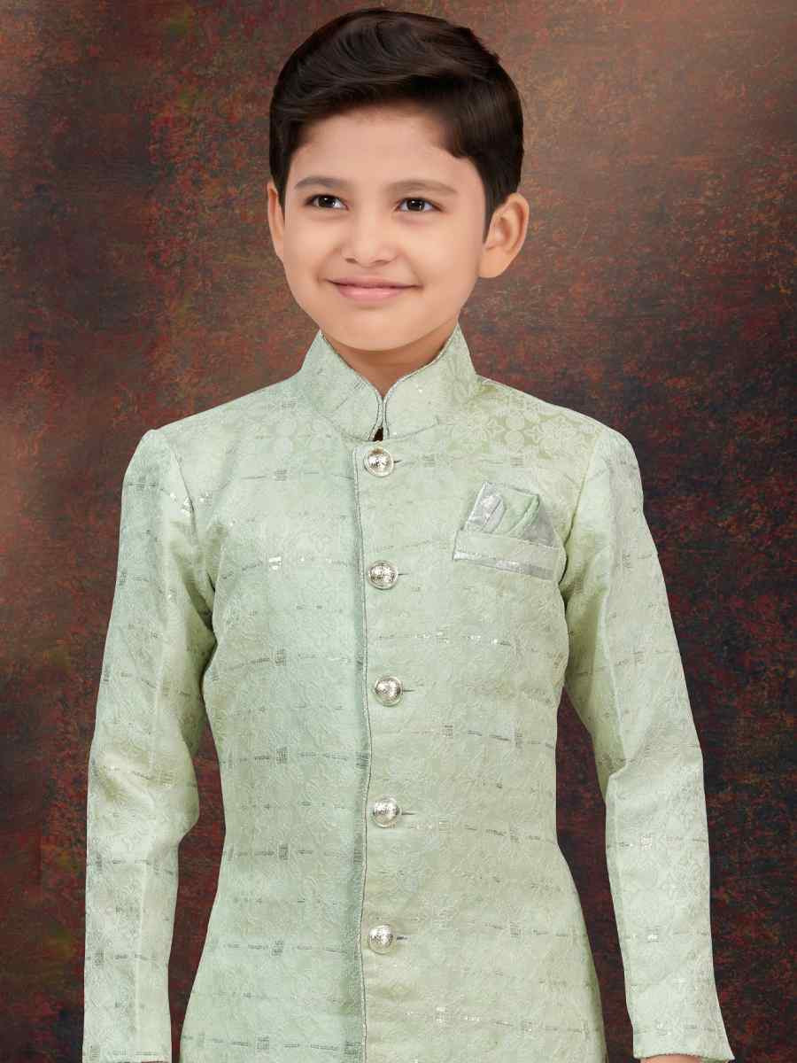 Sea Green Jacquard Embroidered Festival Wedding Kurta Pyjama Boys Wear