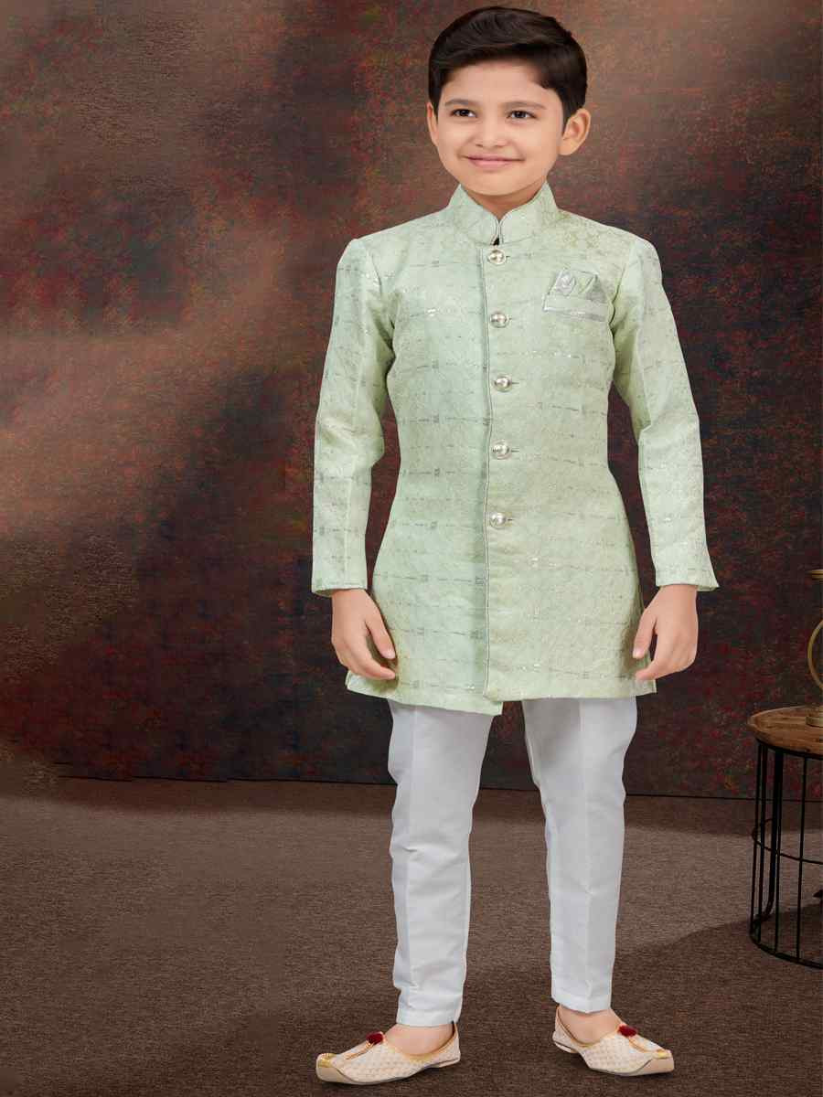 Sea Green Jacquard Embroidered Festival Wedding Kurta Pyjama Boys Wear