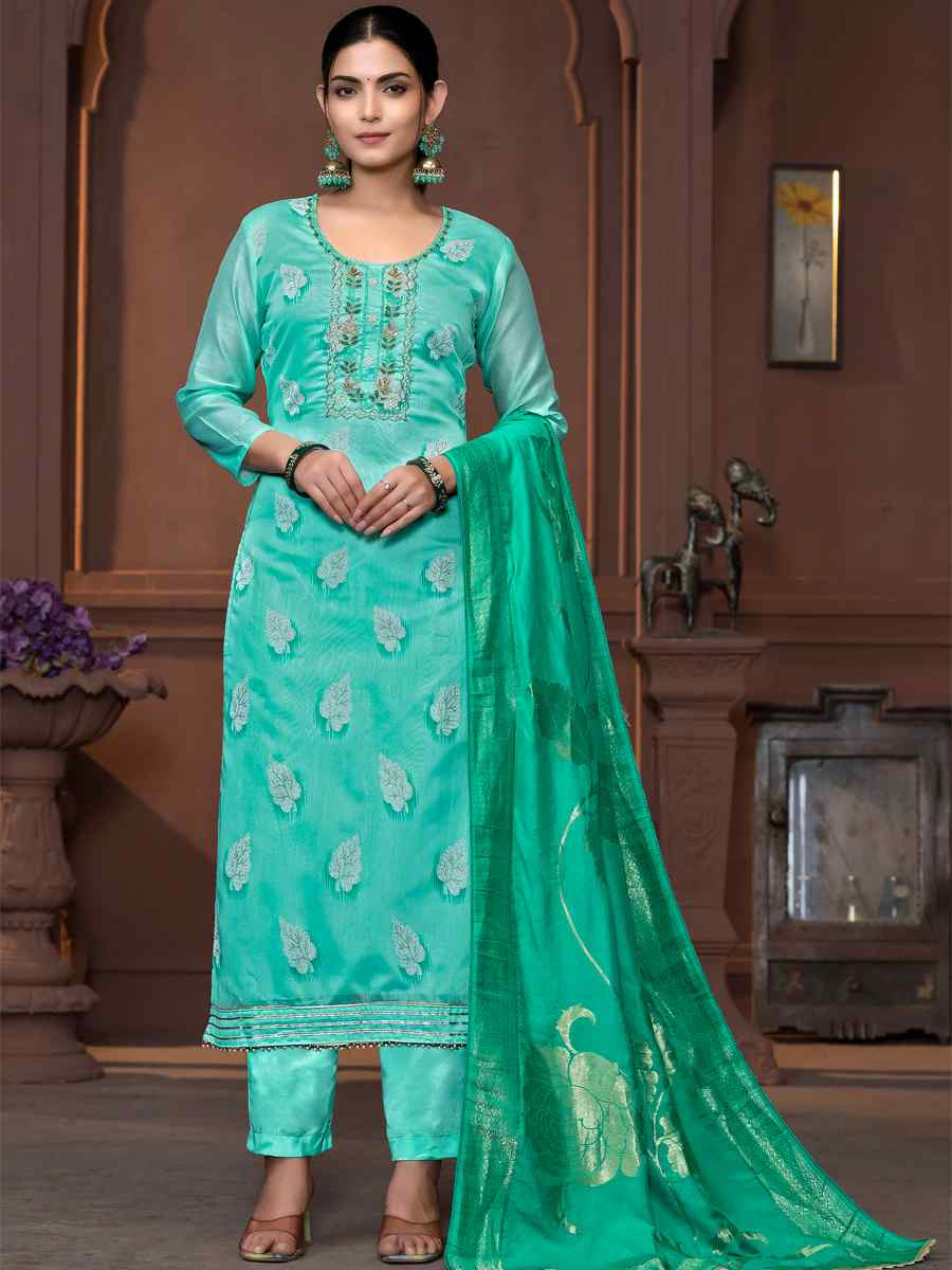 Sea Green Modal Cotton Embroidered Casual Festival Pant Salwar Kameez