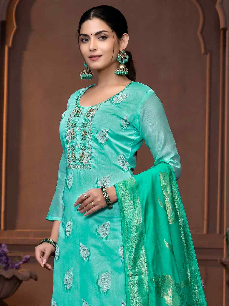 Sea Green Modal Cotton Embroidered Casual Festival Pant Salwar Kameez