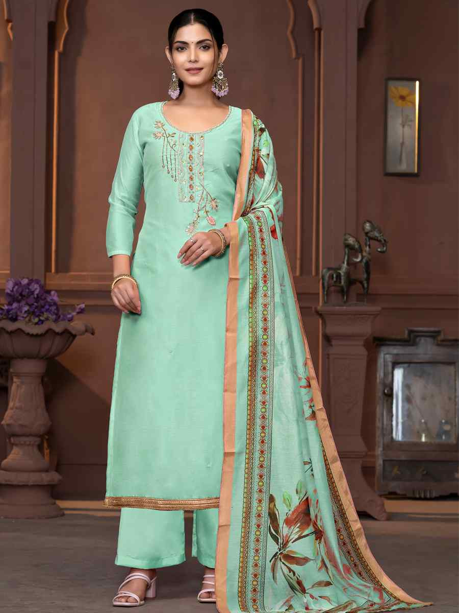 Sea Green Modal Cotton Embroidered Casual Festival Pant Salwar Kameez