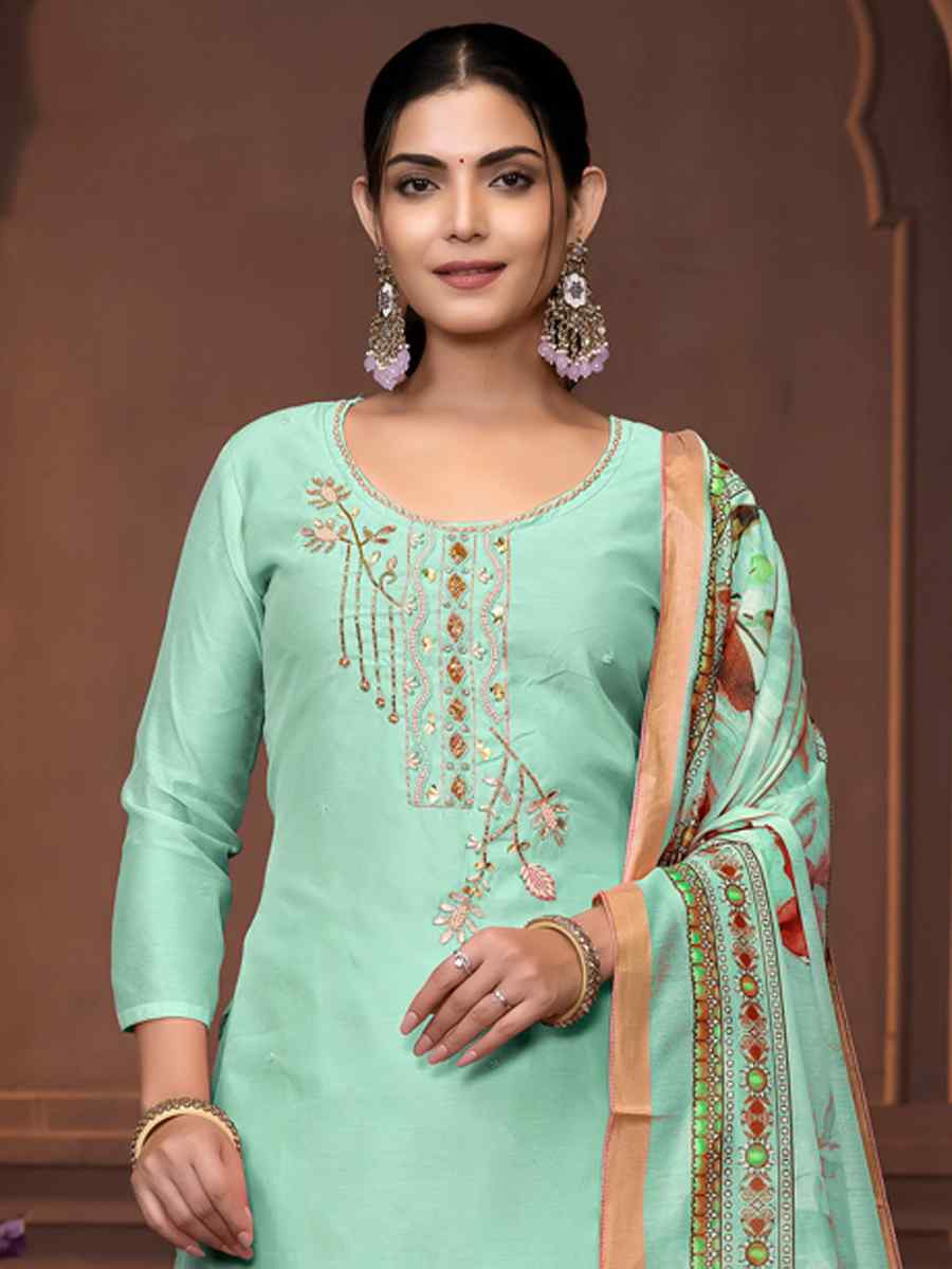 Sea Green Modal Cotton Embroidered Casual Festival Pant Salwar Kameez