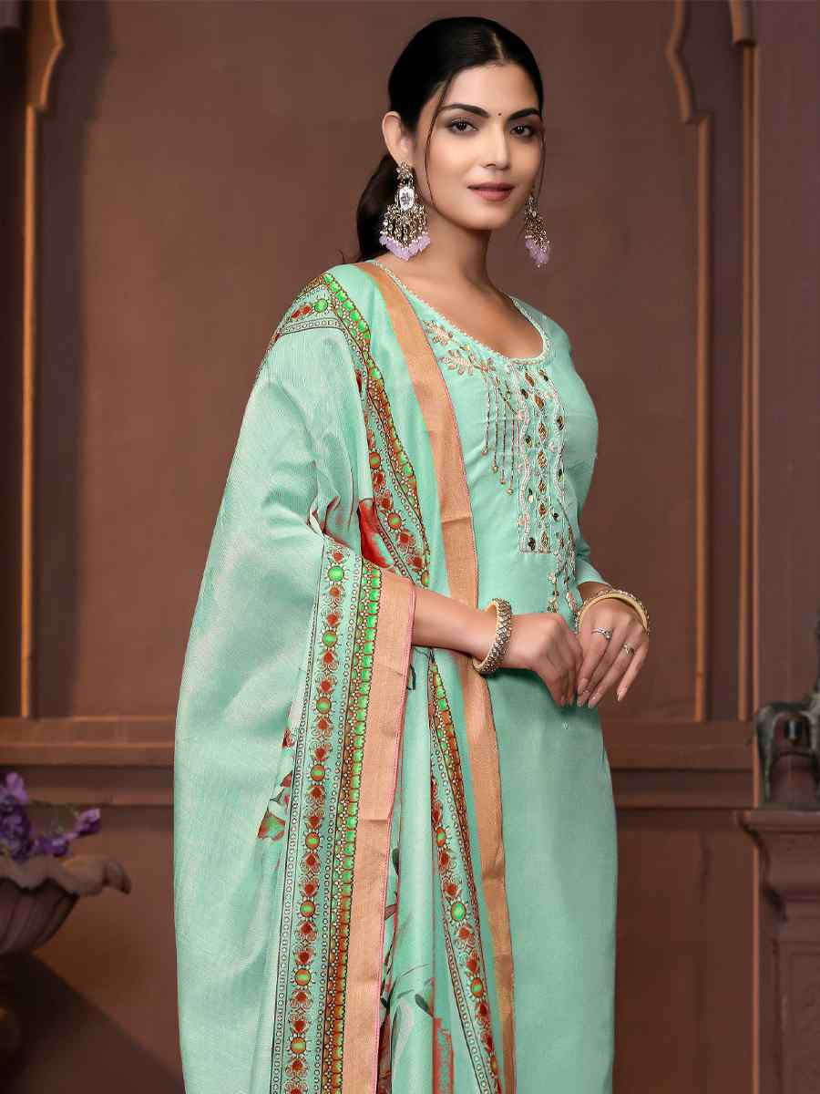 Sea Green Modal Cotton Embroidered Casual Festival Pant Salwar Kameez