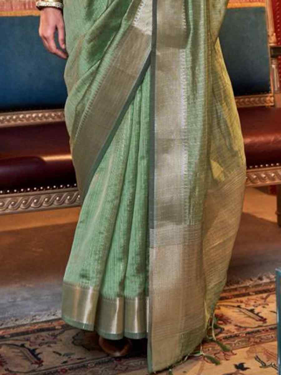 Sea Green Moss Chiffon Handwoven Festival Wedding Heavy Border Saree